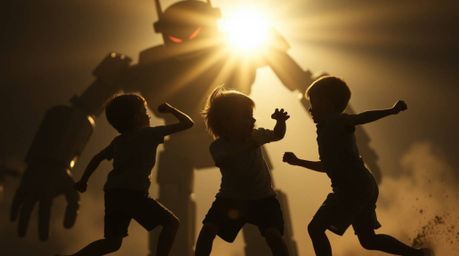 Witness an intense close-up battle in this extreme macro shot. Three superpowered children, silhouetted against a bright back