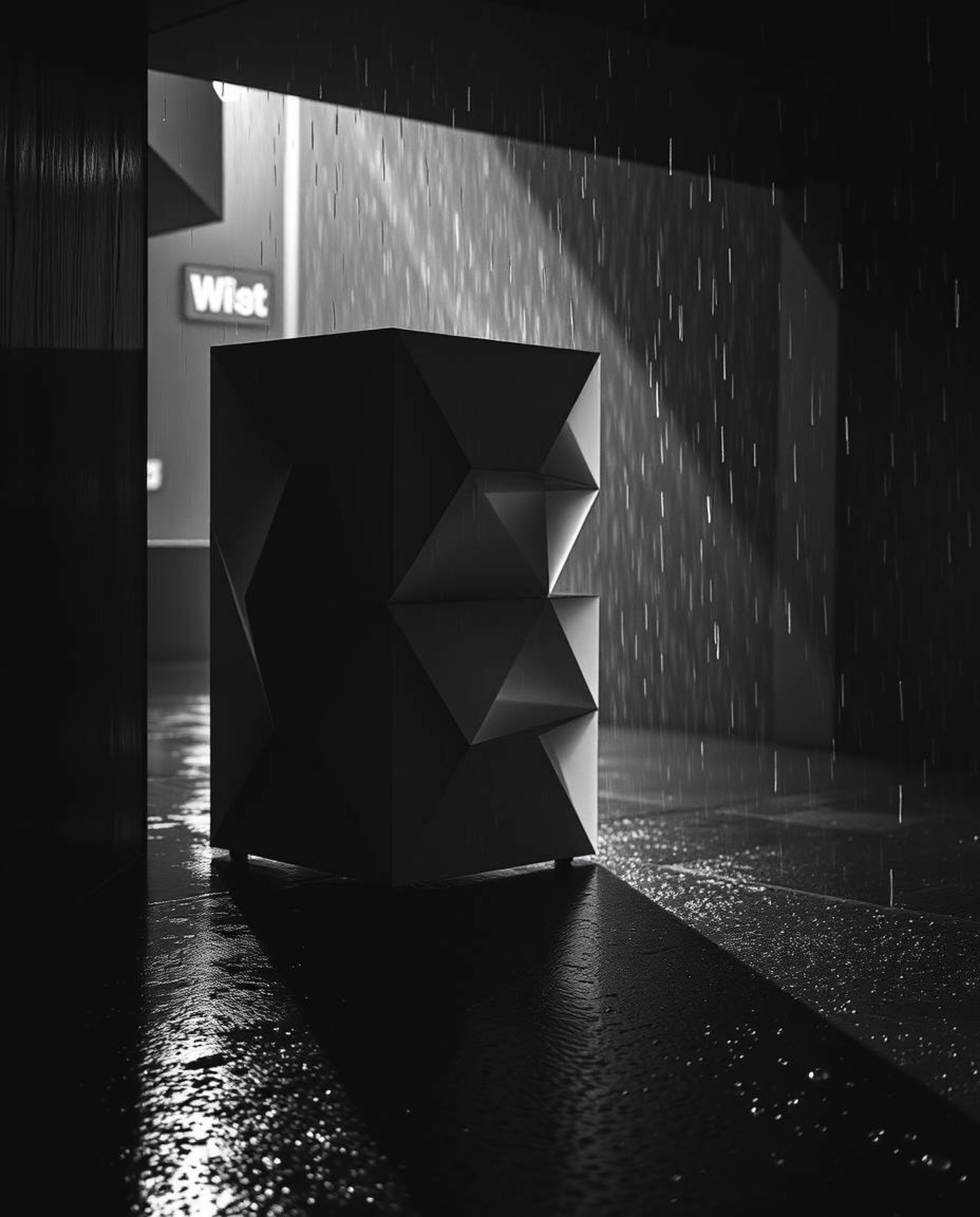 A dramatic, cinematic monochrome photograph showcases a wet, rainy setting featuring a striking 3D geometric pattern reminisc