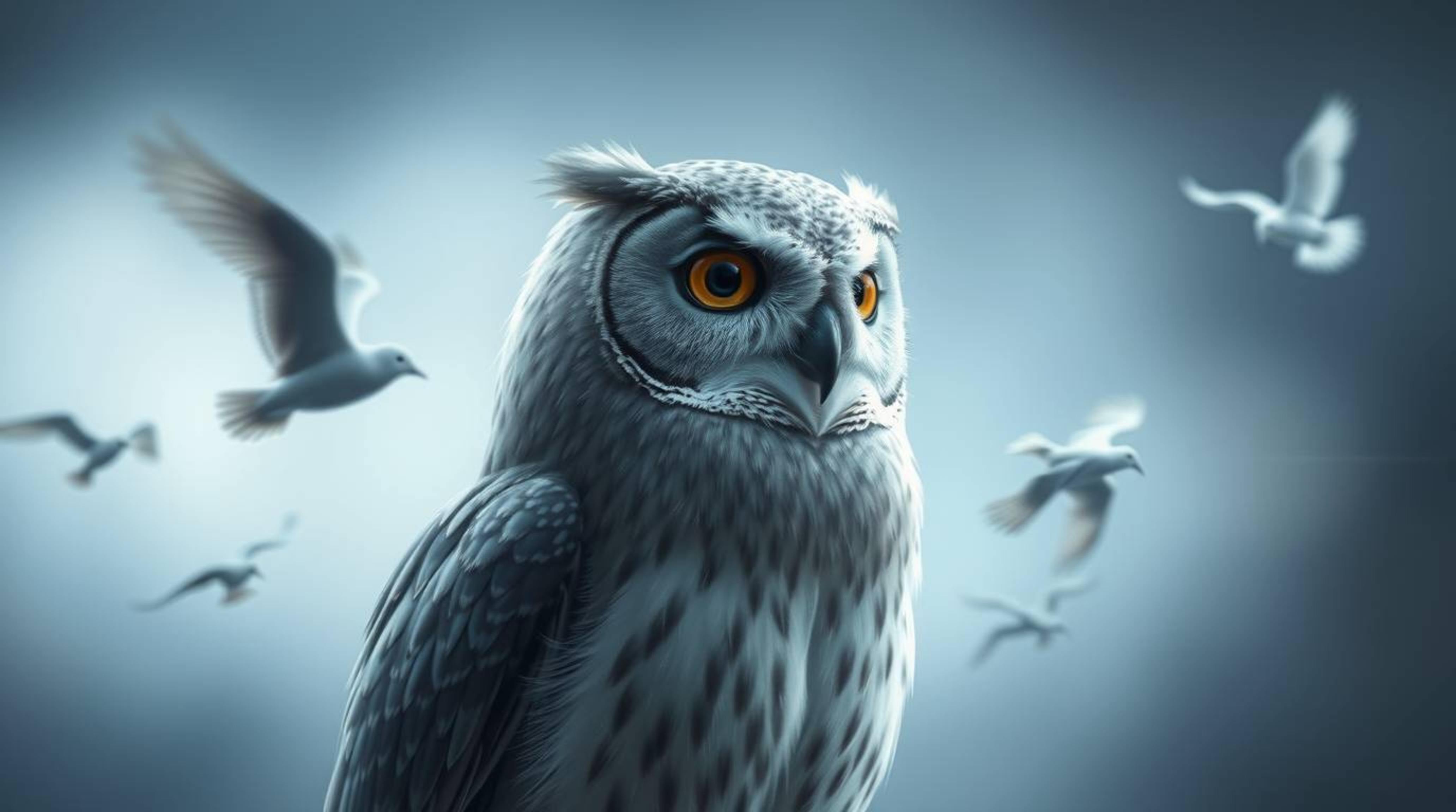 A long-exposure style digital painting features a wise, blind, Pixar-like owl with soft grey and white feathers as it overloo