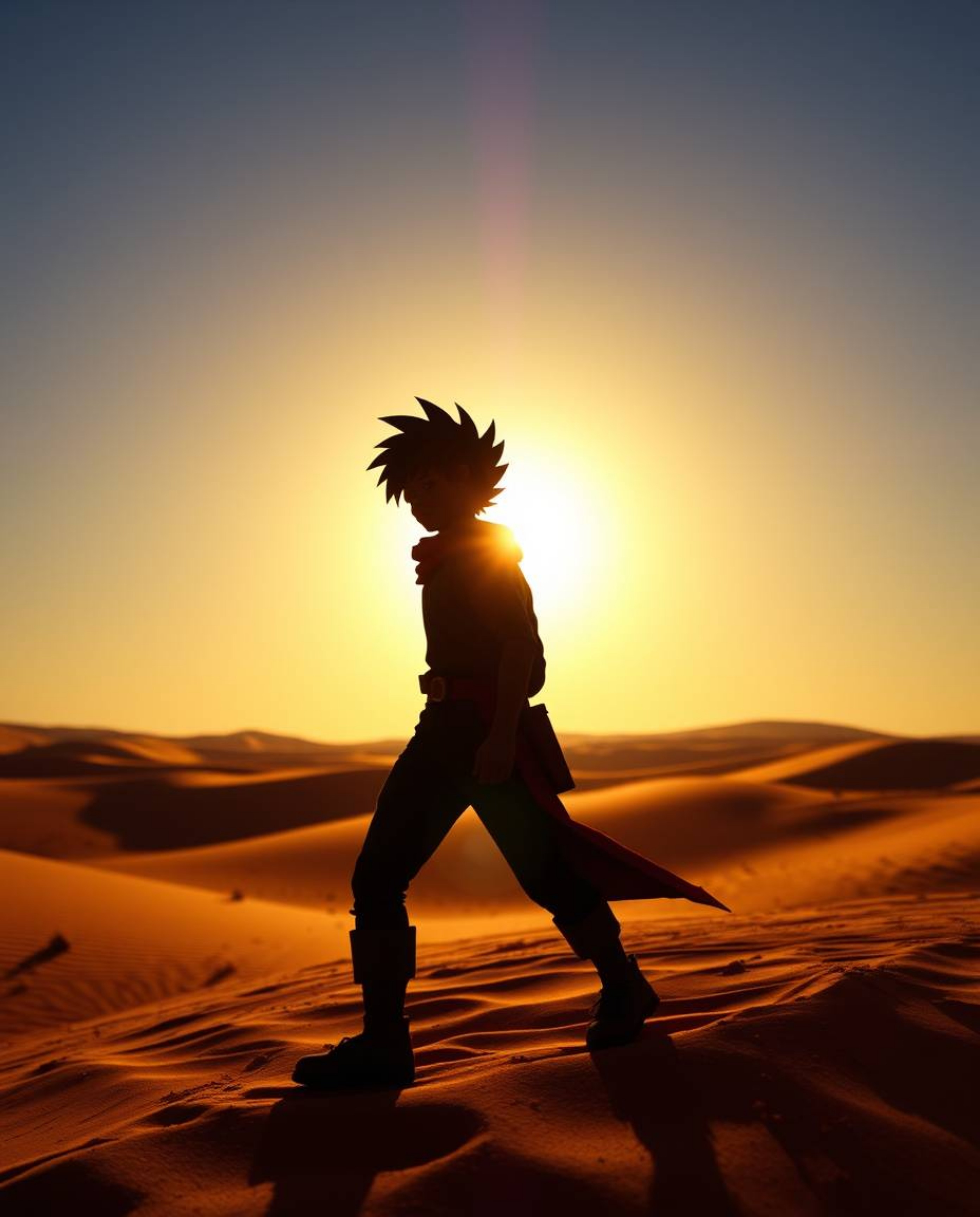 Experience a thrilling desert adventure with a brave, Disney-style hero silhouetted against a vibrant, complementary colored