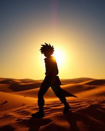 Experience a thrilling desert adventure with a brave, Disney-style hero silhouetted against a vibrant, complementary colored 