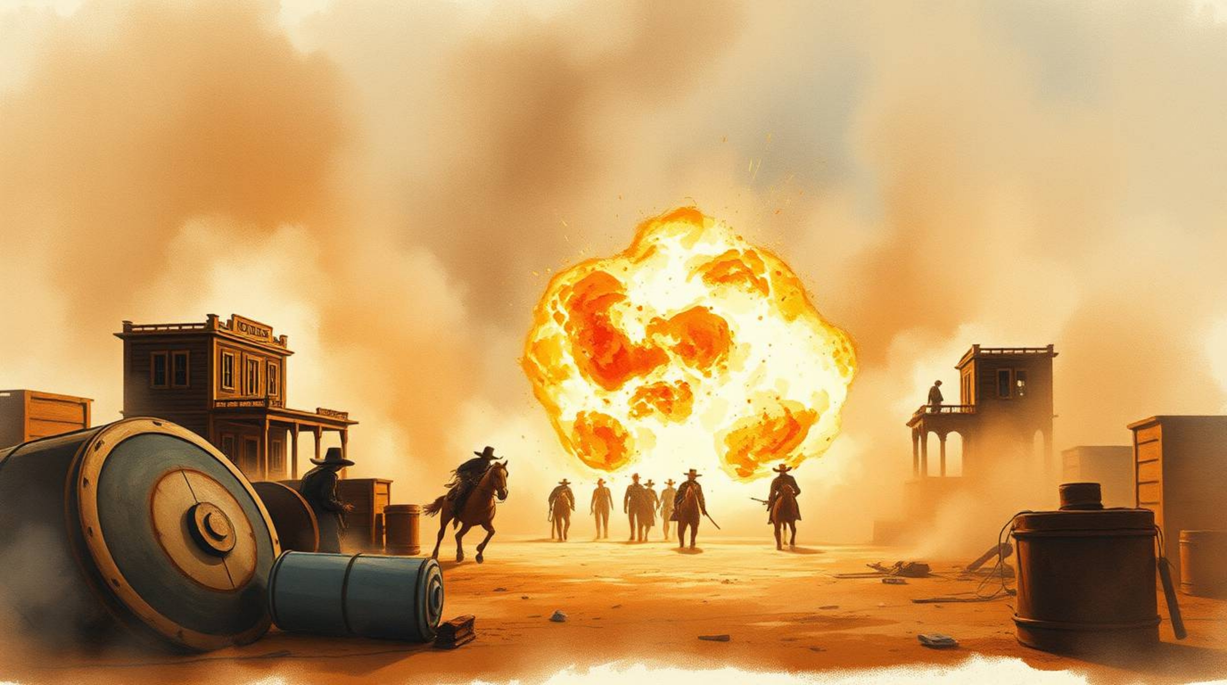 Experience a classic exploding TNT gag set in the wild west, beautifully reimagined as a delicate watercolor painting. This a