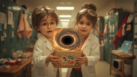 In a vibrant, cinematic photograph reminiscent of Pixar's playful storytelling, a dynamic science fair duo, a bespectacled bo