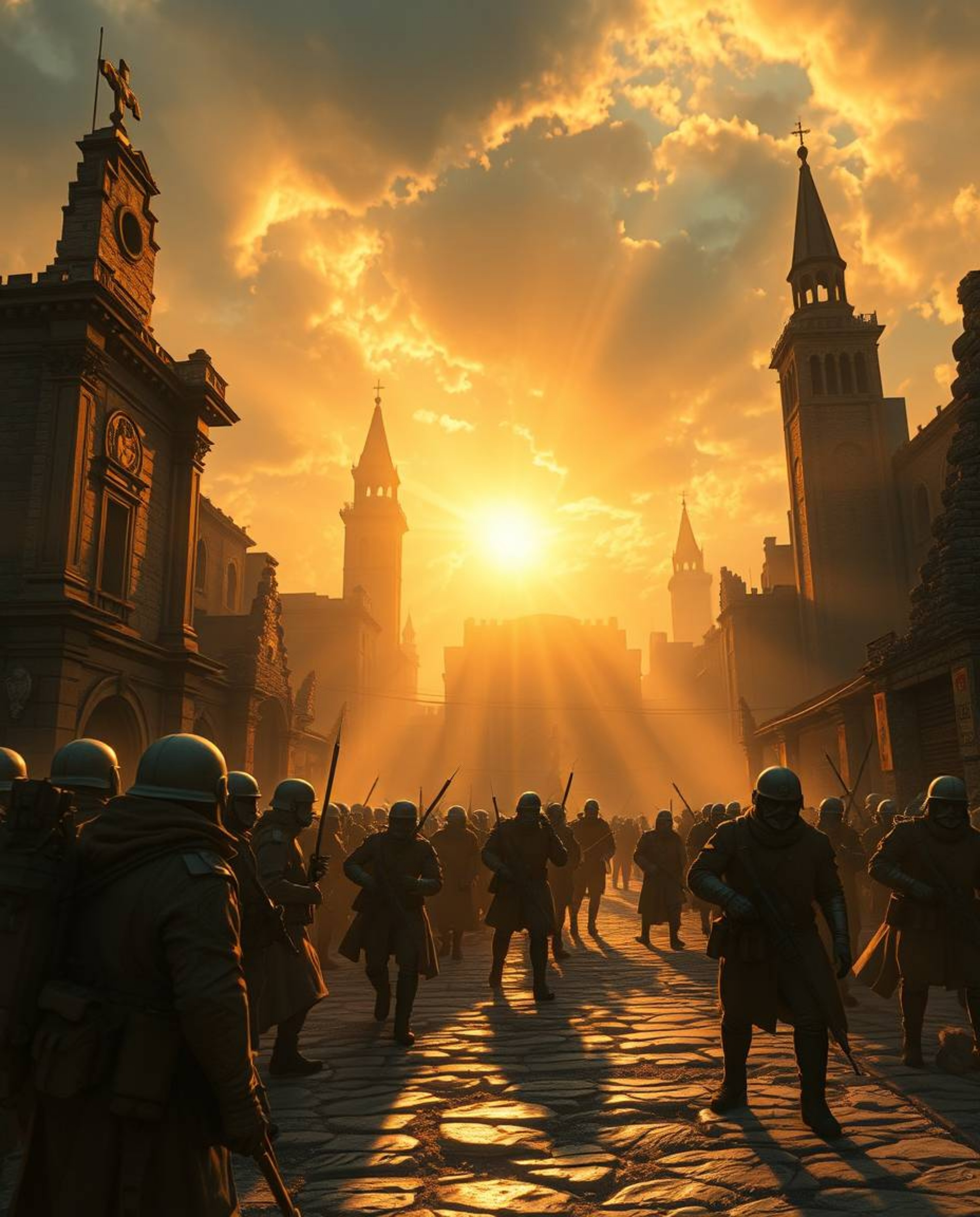 Experience a captivating scene filled with the warm golden glow of time-warped soldiers amidst crumbling buildings. Radiant a