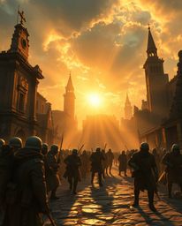 Experience a captivating scene filled with the warm golden glow of time-warped soldiers amidst crumbling buildings. Radiant a