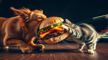 This extreme macro photograph captures a fierce battle between a dog and a cat over an enormous sandwich. Employing a long ex