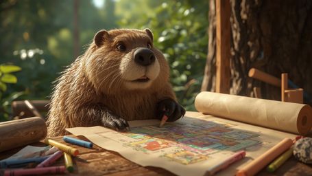 A highly detailed, high-resolution stock photo captures a beaver with a gentle, kind face and sparkling eyes, busily building