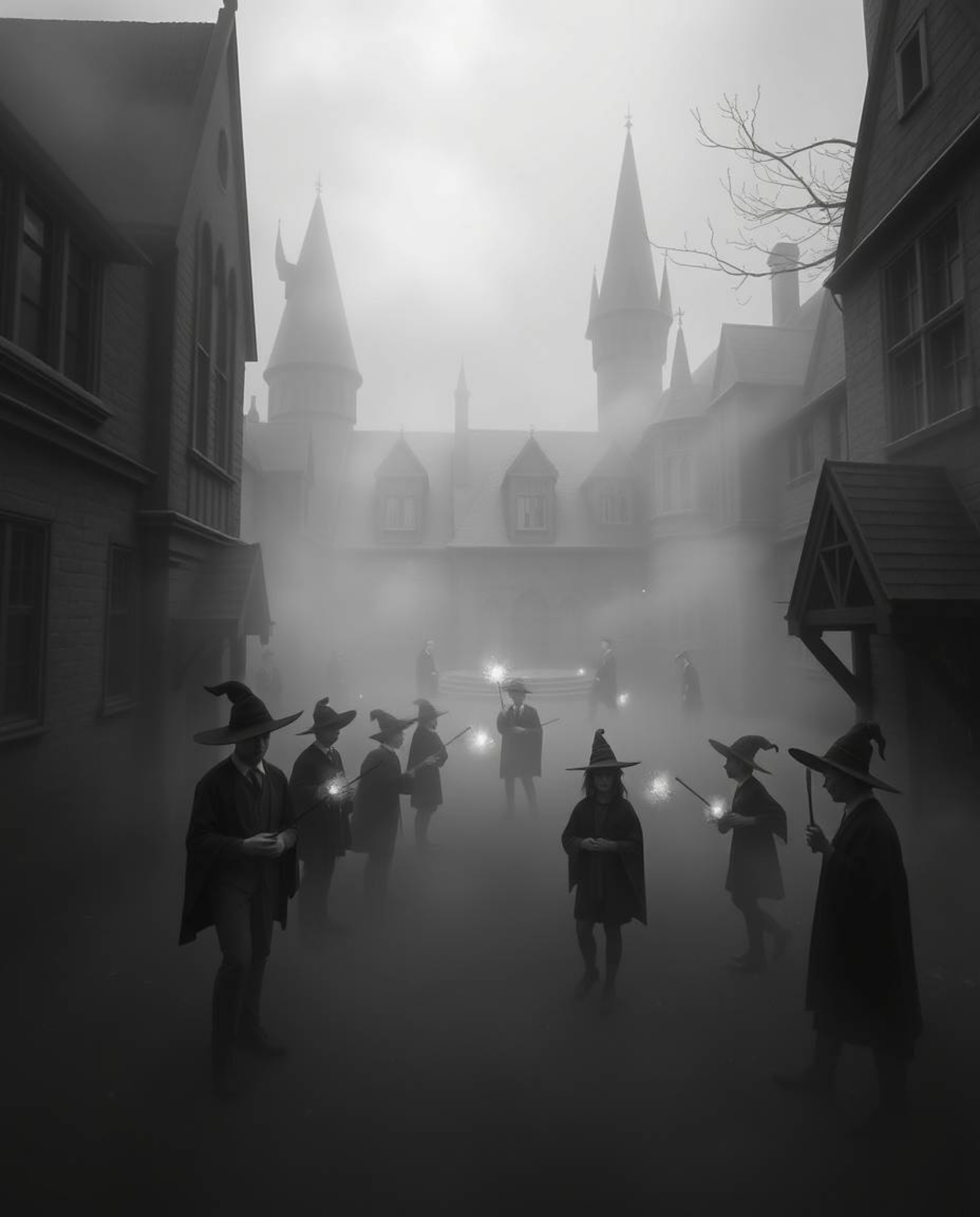 Step into a world of enchantment with this classic black and white depiction of a magical school teeming with young wizards.