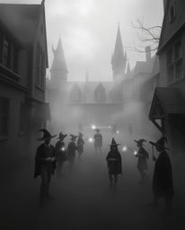 Step into a world of enchantment with this classic black and white depiction of a magical school teeming with young wizards.
