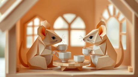 Discover a charming illustration of anthropomorphic mice enjoying a tea party in a cozy cottage.  This intricate artwork feat
