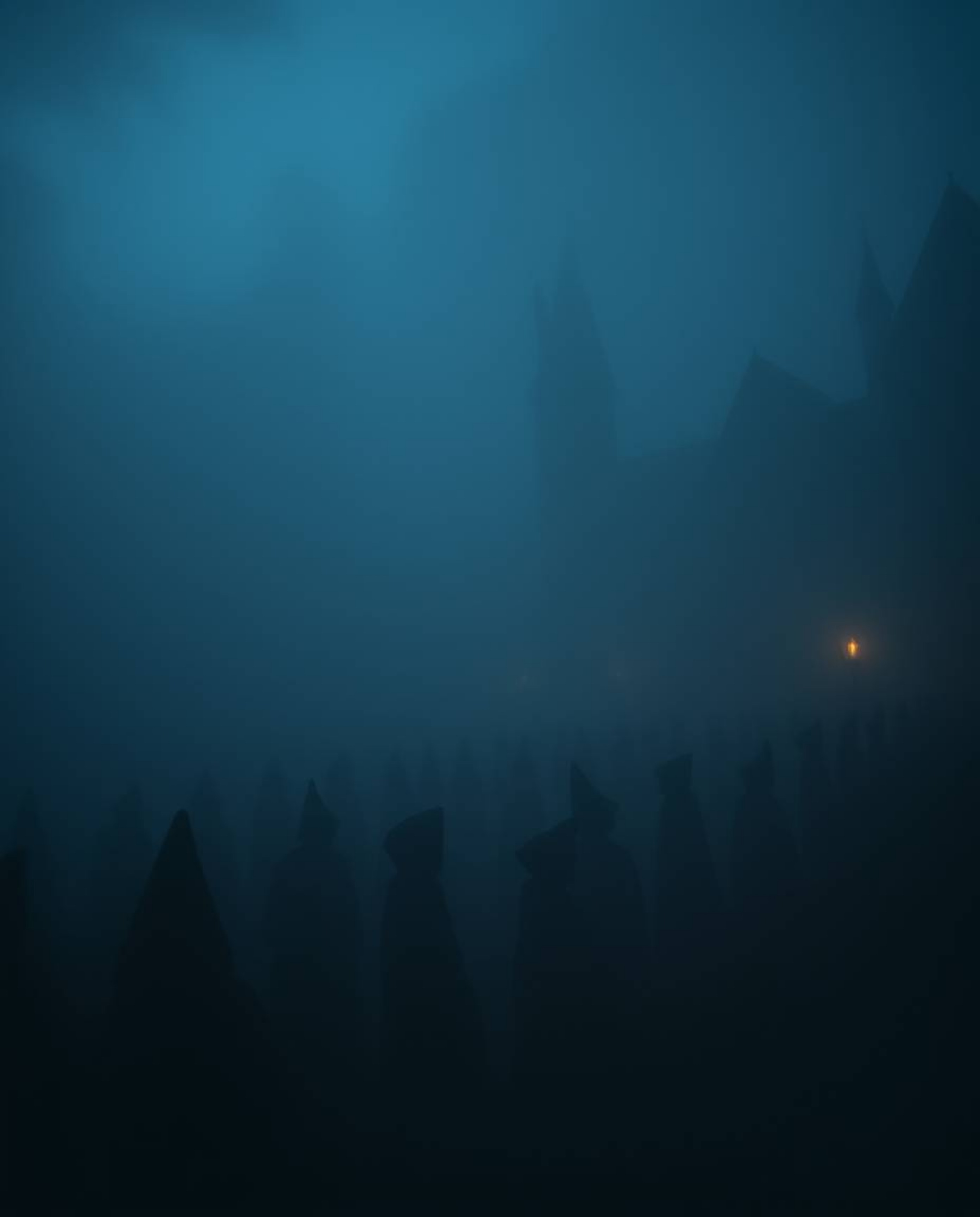 Explore a magical school teeming with young wizards, perpetually shrouded in an intense, jet-black fog. Deep shadows create l