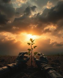 Immerse yourself in an intense, dramatic, futuristic sci-fi scene where hands carefully plant a tree under a radiant golden s