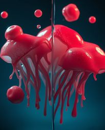 A distinctly split image creates an eerie and creepy atmosphere featuring floating 3D blobs of fluid jelly in vibrant colors 
