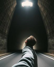 A captivating high-resolution stock photo showcasing a person standing at the edge of a tunnel, gazing upwards towards a stri