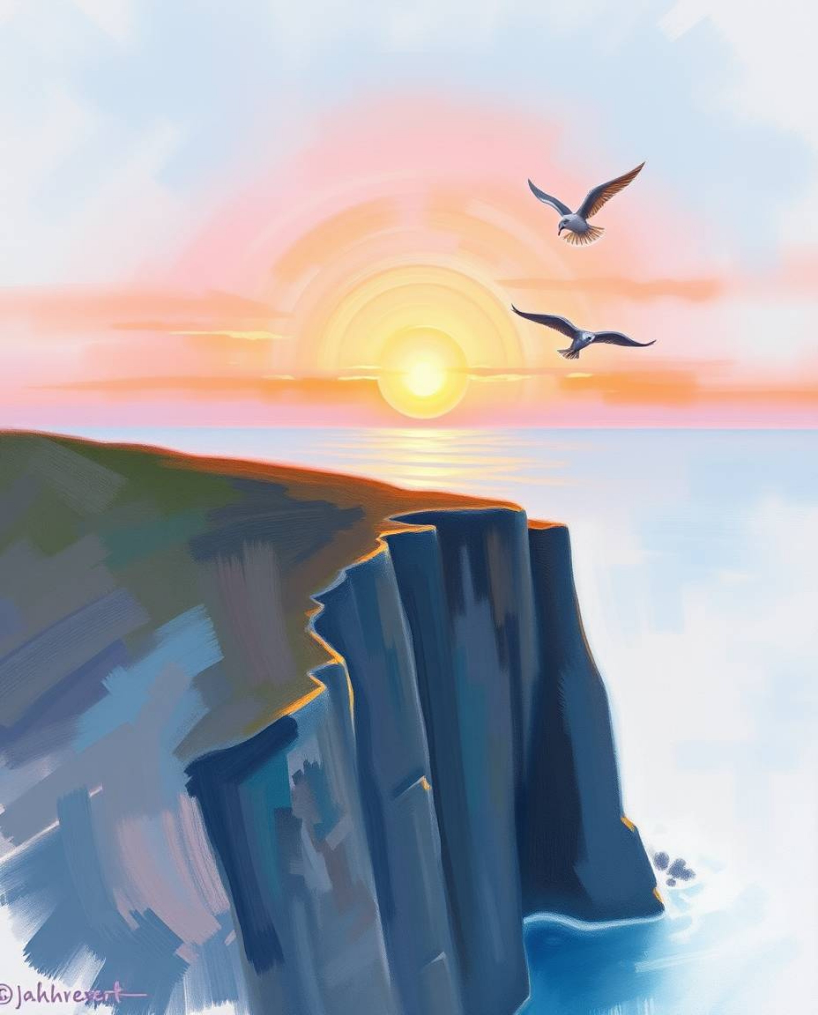 This is a pastel painting of a sunset over a coastal cliff, featuring soaring birds that add a sense of peace and freedom to 