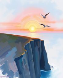 This is a pastel painting of a sunset over a coastal cliff, featuring soaring birds that add a sense of peace and freedom to 
