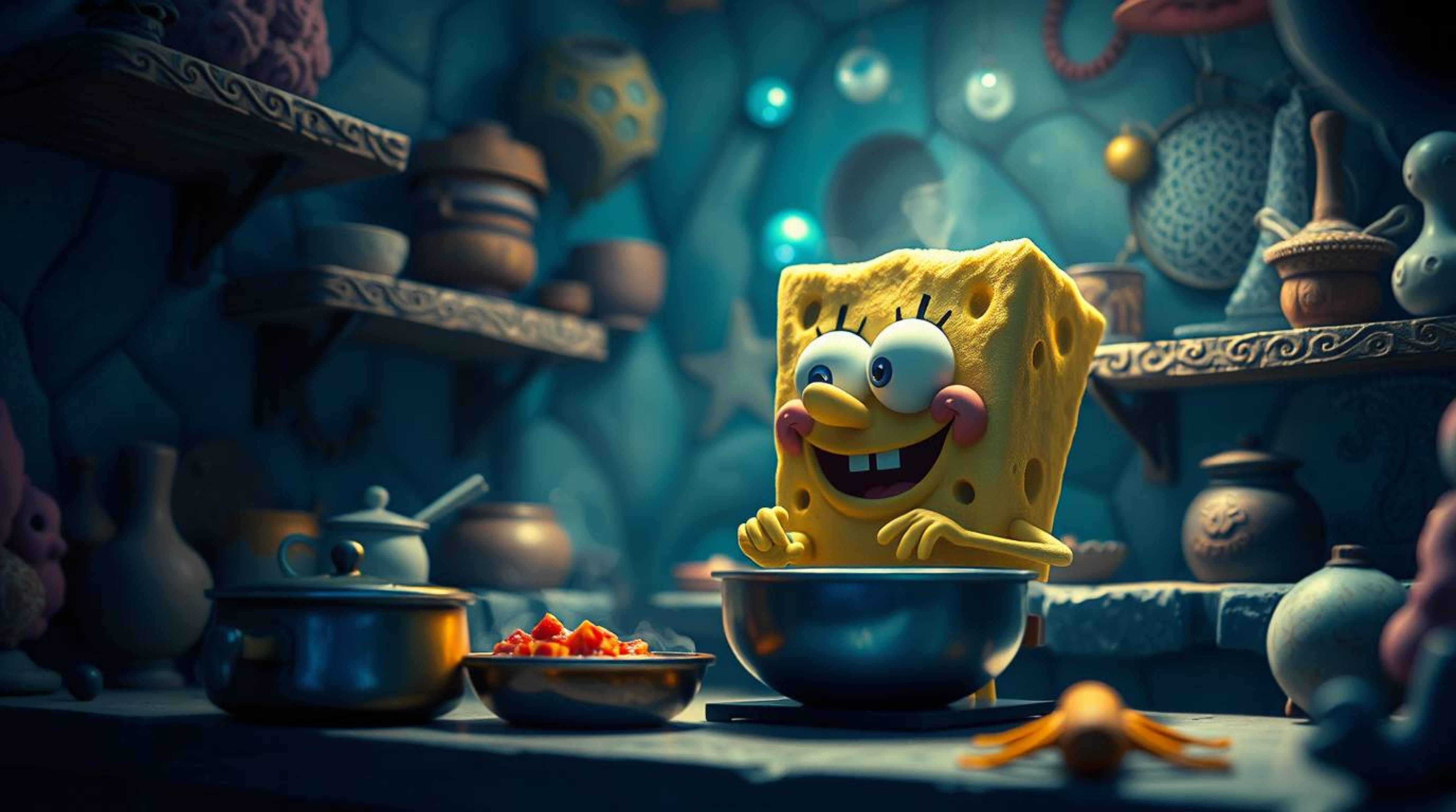 A captivating close-up reveals a whimsical sponge character immersed in the culinary arts within a detailed, mystical underwa
