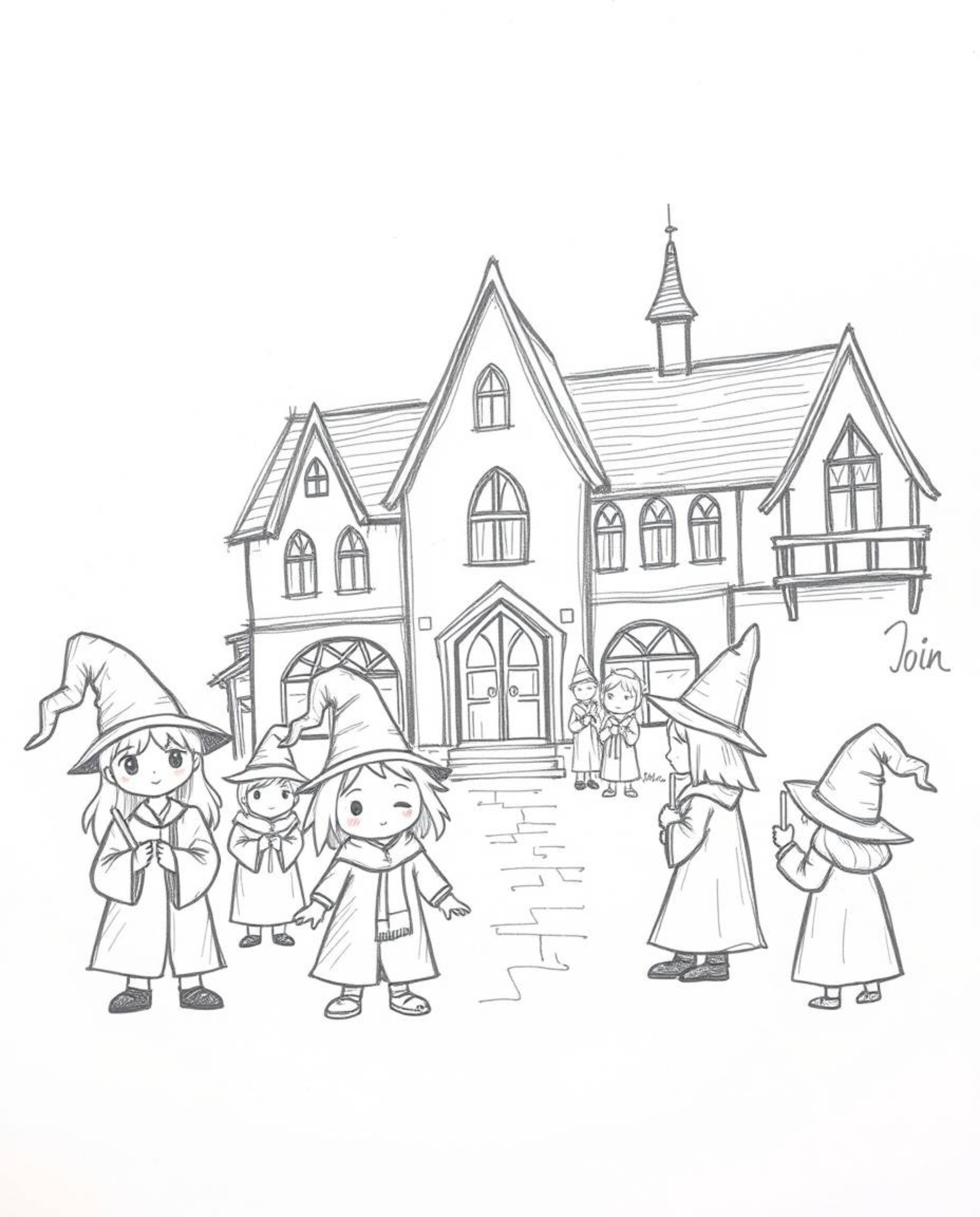 Discover an adorable hand-drawn sketch of a magical school brimming with young wizards. This charming illustration features r