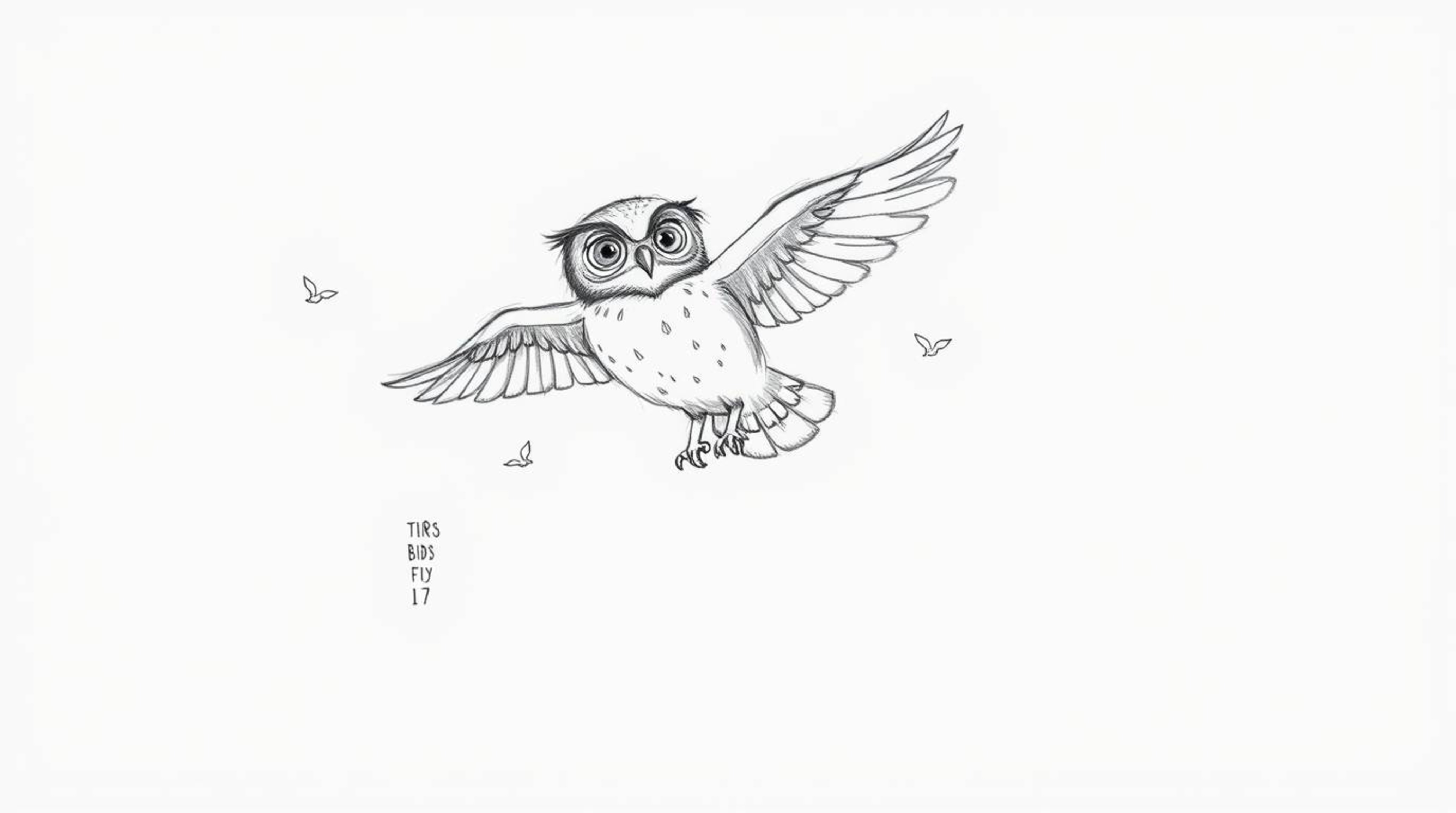 A heartwarming hand-drawn illustration in the style of Pixar depicts a blind owl, mid-flight and leaving delicate feather tra