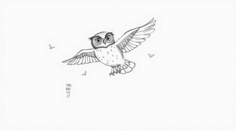 A heartwarming hand-drawn illustration in the style of Pixar depicts a blind owl, mid-flight and leaving delicate feather tra