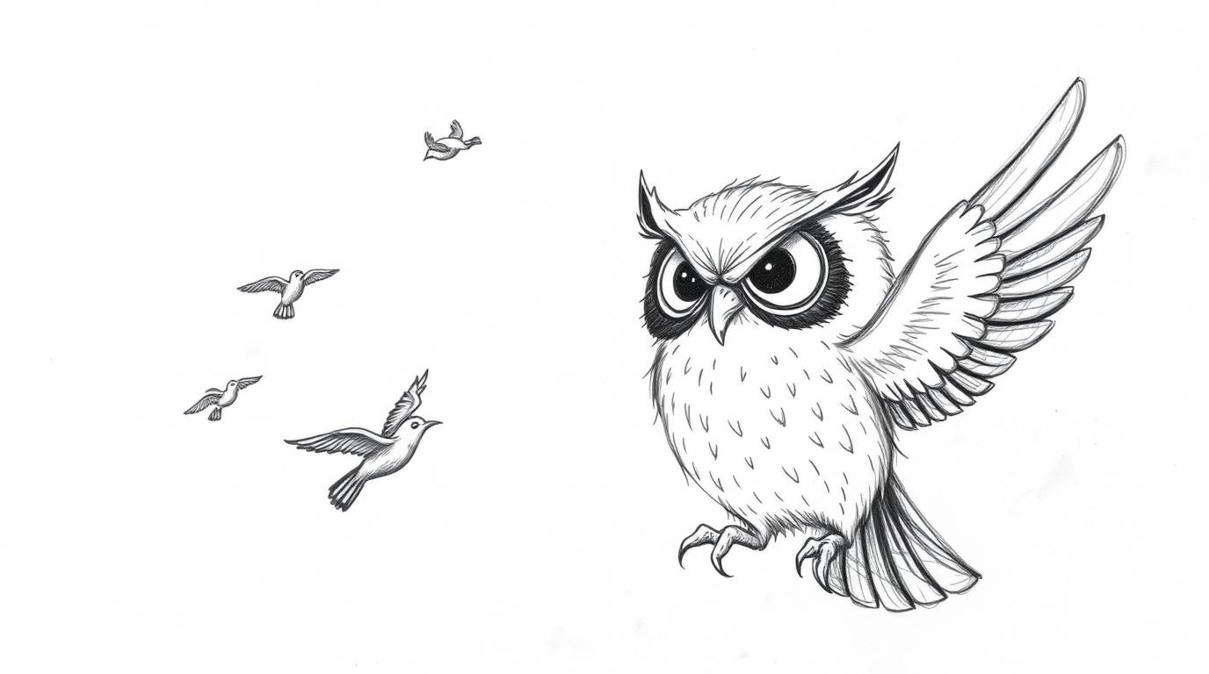 A captivating hand-drawn sketch depicting a wise-looking, blind owl in the iconic Pixar style, gently guiding a group of smal