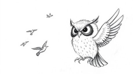 A captivating hand-drawn sketch depicting a wise-looking, blind owl in the iconic Pixar style, gently guiding a group of smal