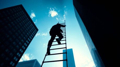 A captivating cinematic scene depicts a businessperson ascending a transparent ladder that disappears into a vibrant blue sky