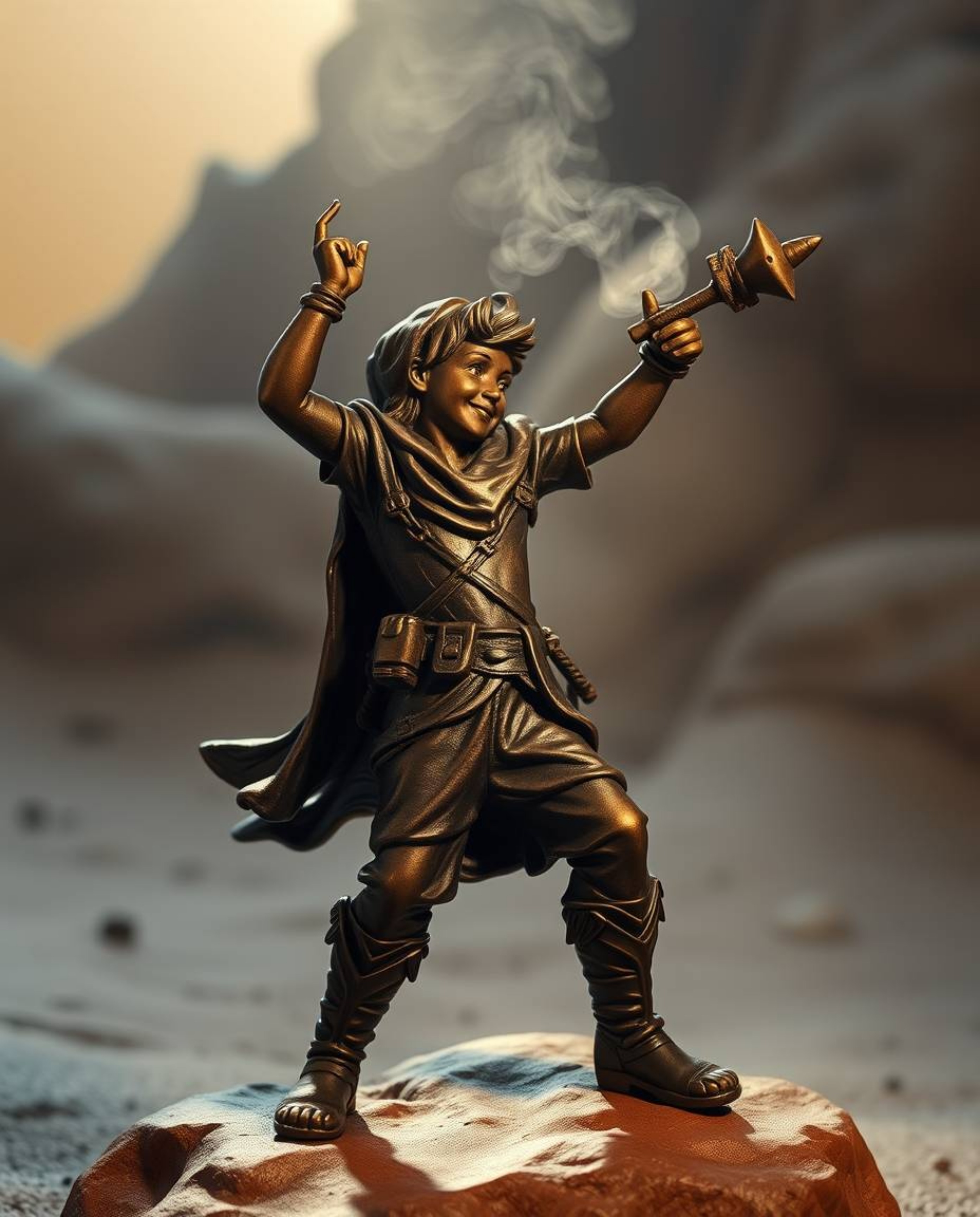 This antique cast bronze sculpture depicts a brave, Disney-style hero embarking on a desert adventure. The artwork features a