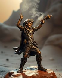 This antique cast bronze sculpture depicts a brave, Disney-style hero embarking on a desert adventure. The artwork features a