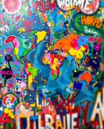 This vibrant acrylic painting presents a world map formed from bold and colorful splashes, creating a visually stunning and a