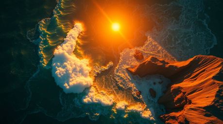 Experience a dreamlike, surreal scene from an overhead bird's eye perspective.  Waves crash against cliffs beneath a blazing 