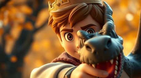 A captivating illustration in the style of 1950s animation depicts a charming prince with determined eyes bravely battling a 