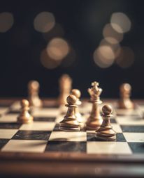 This artwork captures a dramatic scene of a chessboard with pieces suspended mid-air in a state of frozen destruction, enhanc