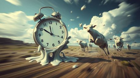 This surreal dreamscape features melting clocks and floating cows in dynamic motion.  The artwork is characterized by blurred