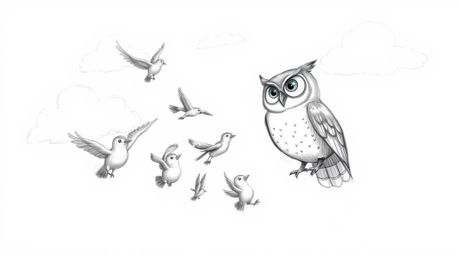 A heartwarming, Pixar-style sketch depicts a wise, blind owl with kind eyes guiding a diverse flock of birds to soar through 