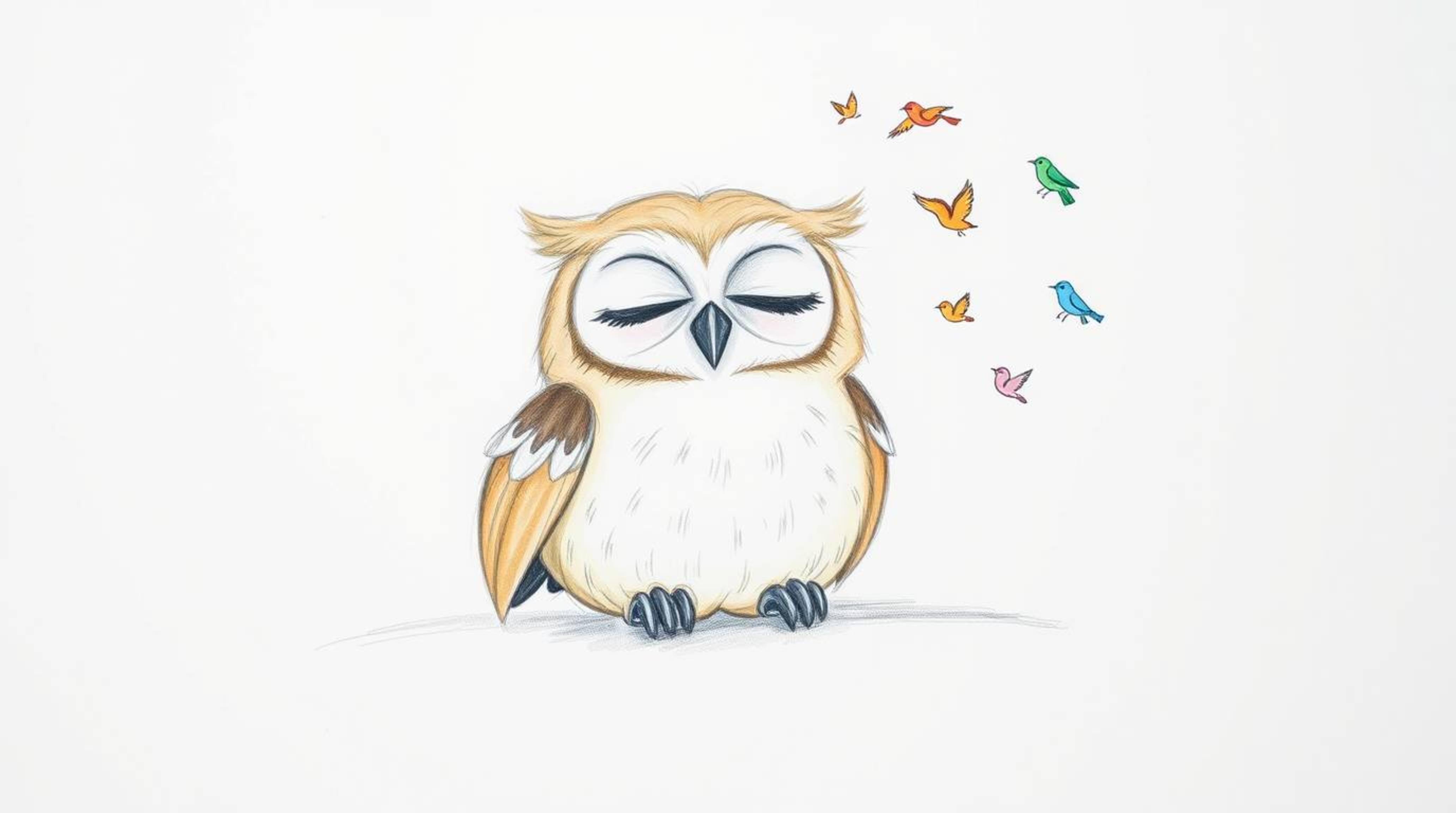 A charming hand-drawn sketch in the style of Pixar depicts a gentle, blind owl with light brown feathers and closed eyes, res