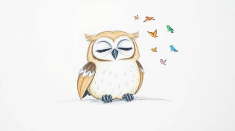 A charming hand-drawn sketch in the style of Pixar depicts a gentle, blind owl with light brown feathers and closed eyes, res