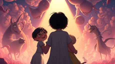 Experience a heartwarming and surreal family reunion reimagined in a captivating Pixar-style illustration. Viewed from a dram