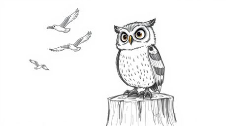 A heartwarming image depicting a blind owl, sketched in a hand-drawn Pixar style with rough pencil strokes, perched on a tree