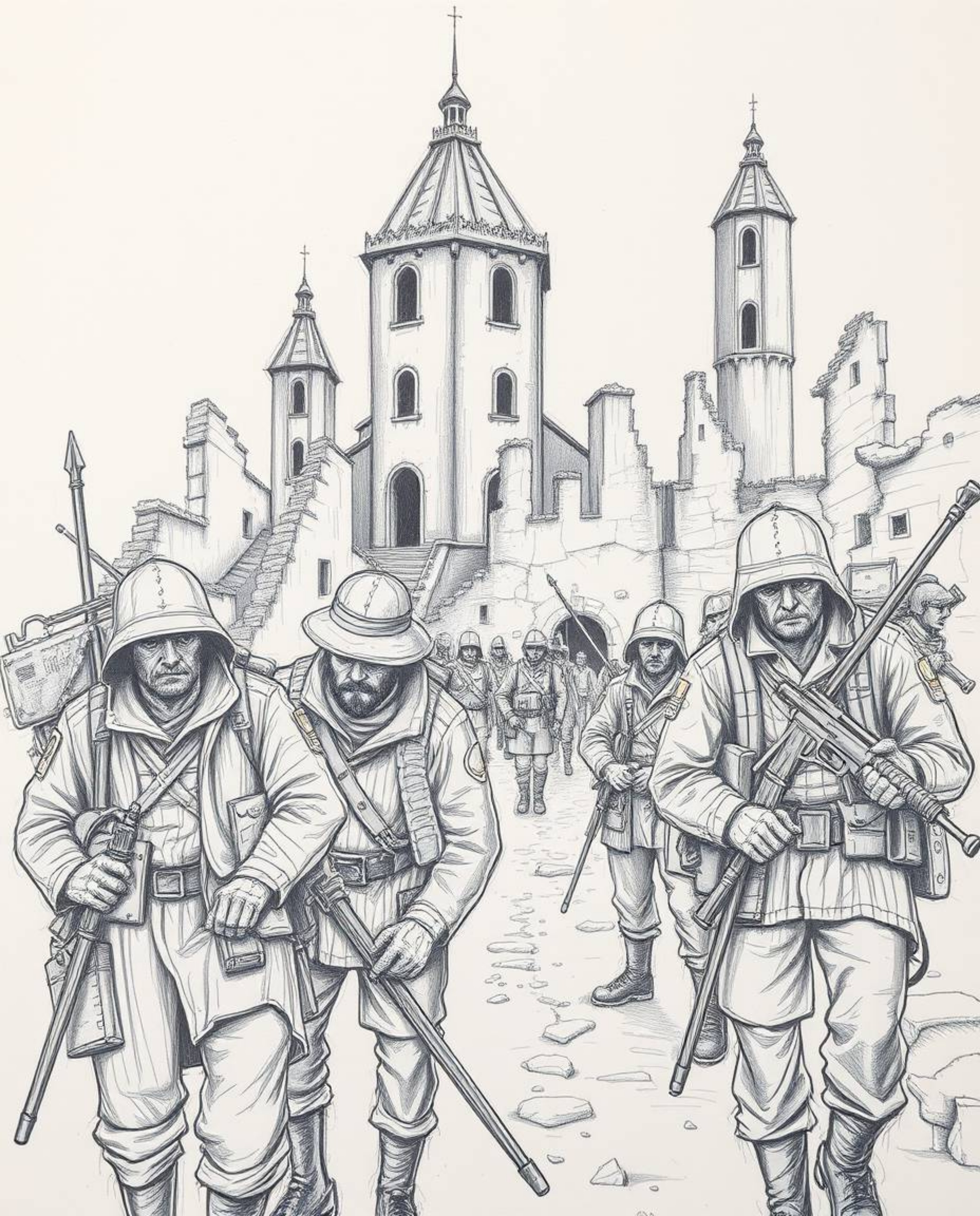 This hand-drawn sketch depicts a haunting battlefield scene with time-warped soldiers and crumbling buildings, rendered with 