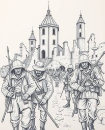 This hand-drawn sketch depicts a haunting battlefield scene with time-warped soldiers and crumbling buildings, rendered with 