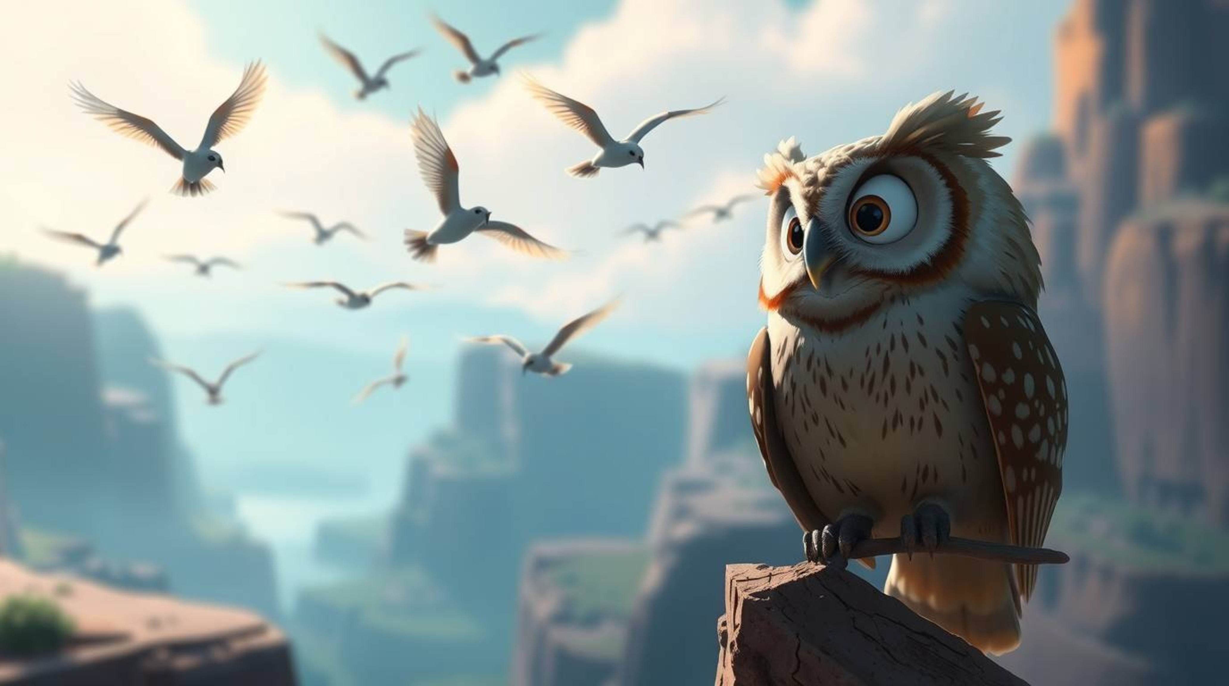 This captivating Pixar-style illustration shows a blind owl with large, expressive eyes teaching a flock of birds mid-flight