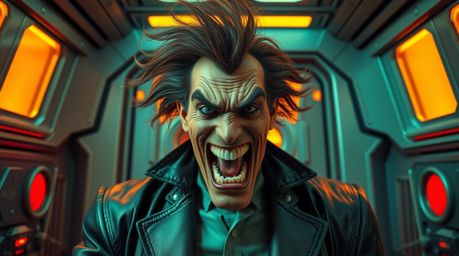 Witness a hilarious scene of a villain with exaggerated features and olive skin experiencing a comedic meltdown within a slee