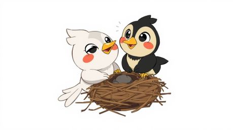 An isekai anime-style illustration showcases two expressive cartoon birds diligently building a nest using classic animation 