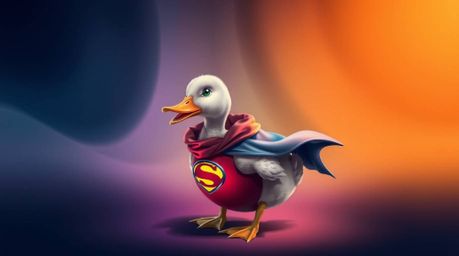 Explore a vibrant world where abstract art meets the whimsical charm of a duck in a zany superhero costume.  Witness smooth g