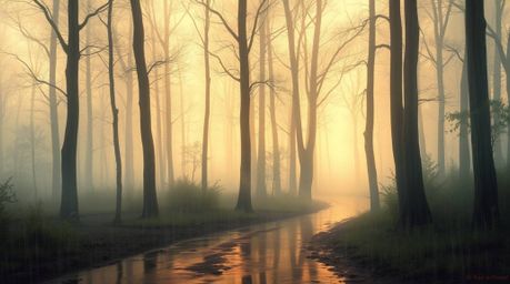 Immerse yourself in a serene digital painting of a misty forest bathed in the warm glow of golden hour. Soft pastel colors an