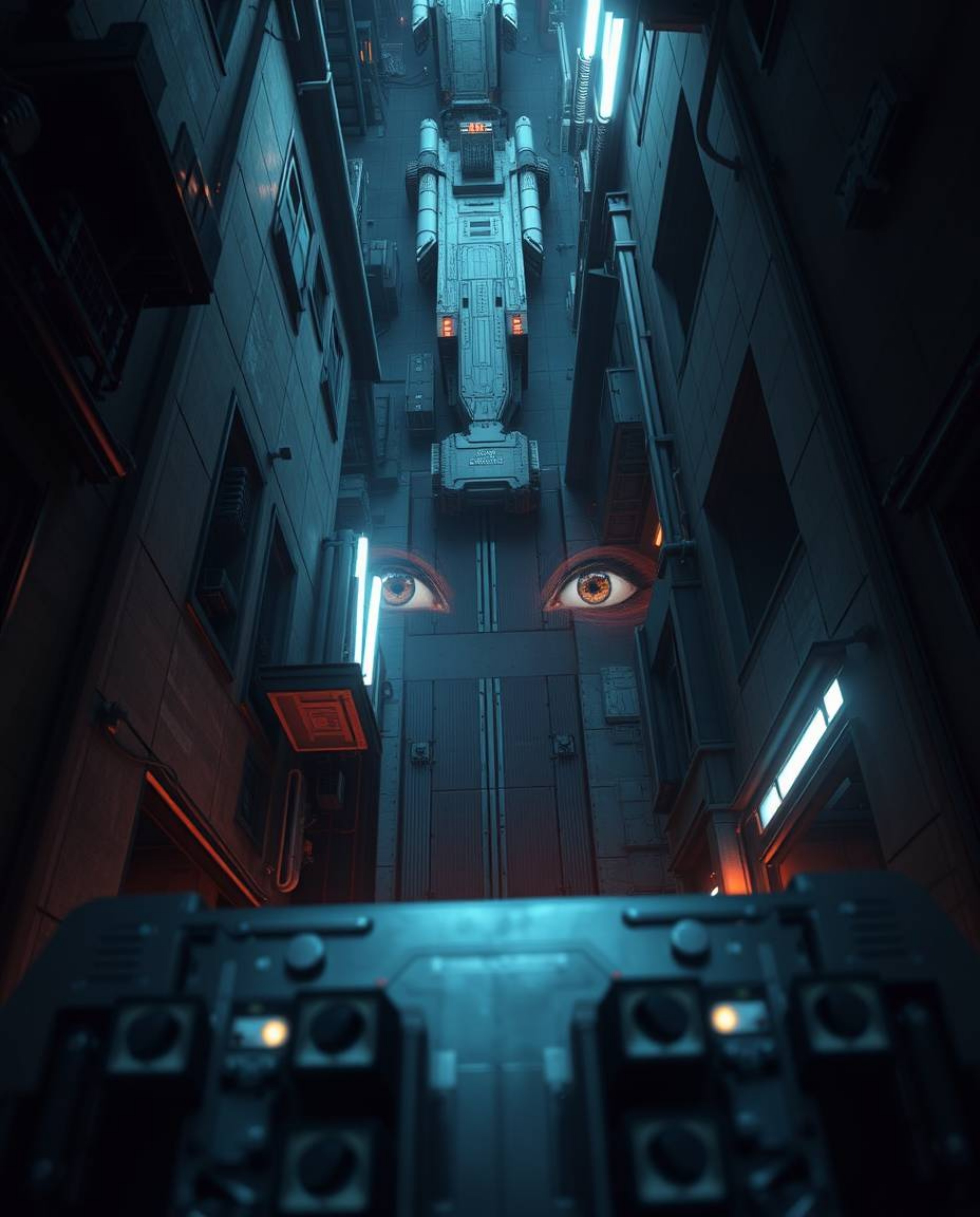 A futuristic sci-fi scene unfolds in a bird's eye view, depicting watchful eyes lurking from the shadows of a dimly lit alley