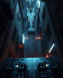 A futuristic sci-fi scene unfolds in a bird's eye view, depicting watchful eyes lurking from the shadows of a dimly lit alley