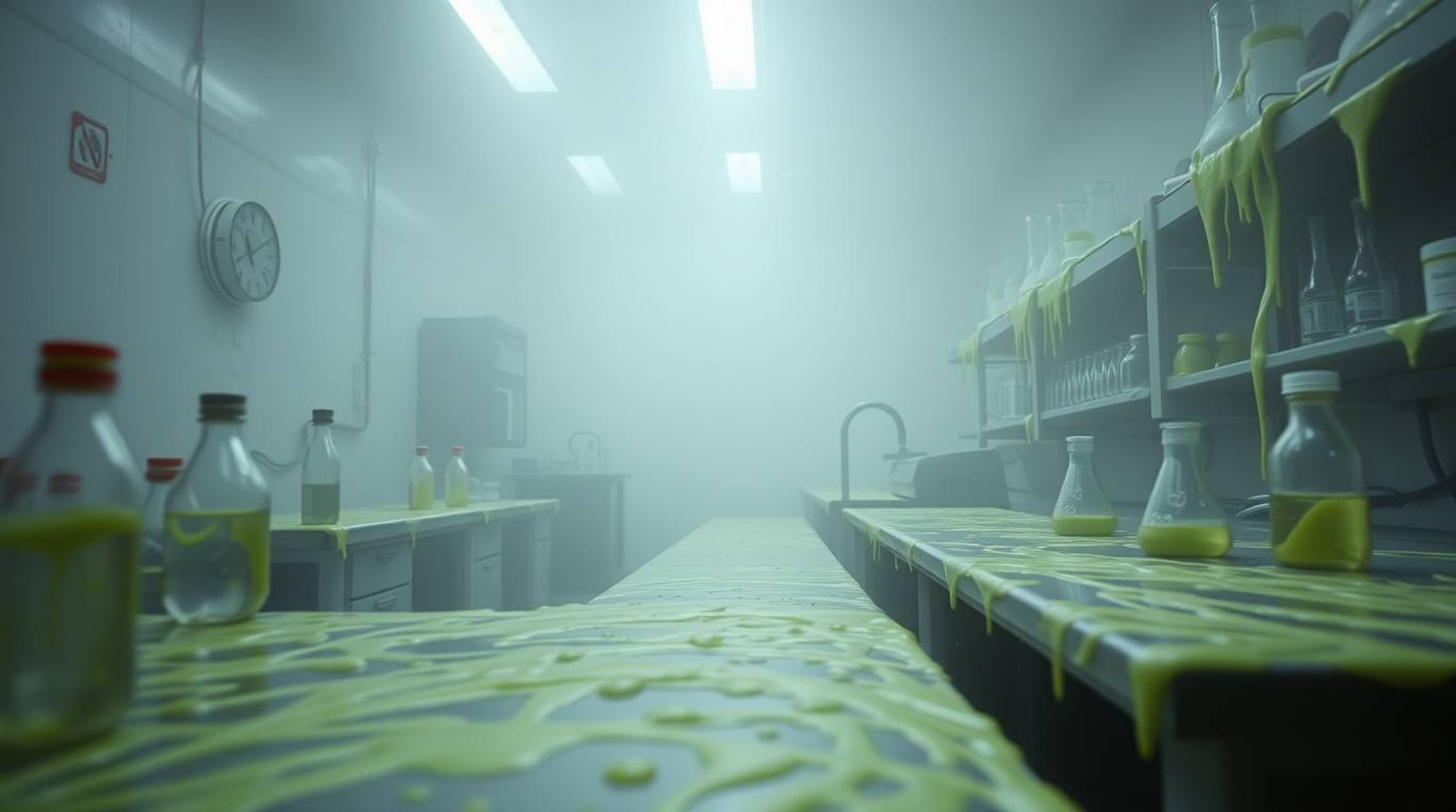 Experience an extreme macro close-up of a science lab shrouded in thick fog, its surfaces covered in a glistening slime.  The