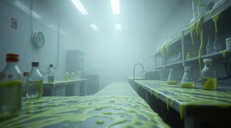 Experience an extreme macro close-up of a science lab shrouded in thick fog, its surfaces covered in a glistening slime.  The